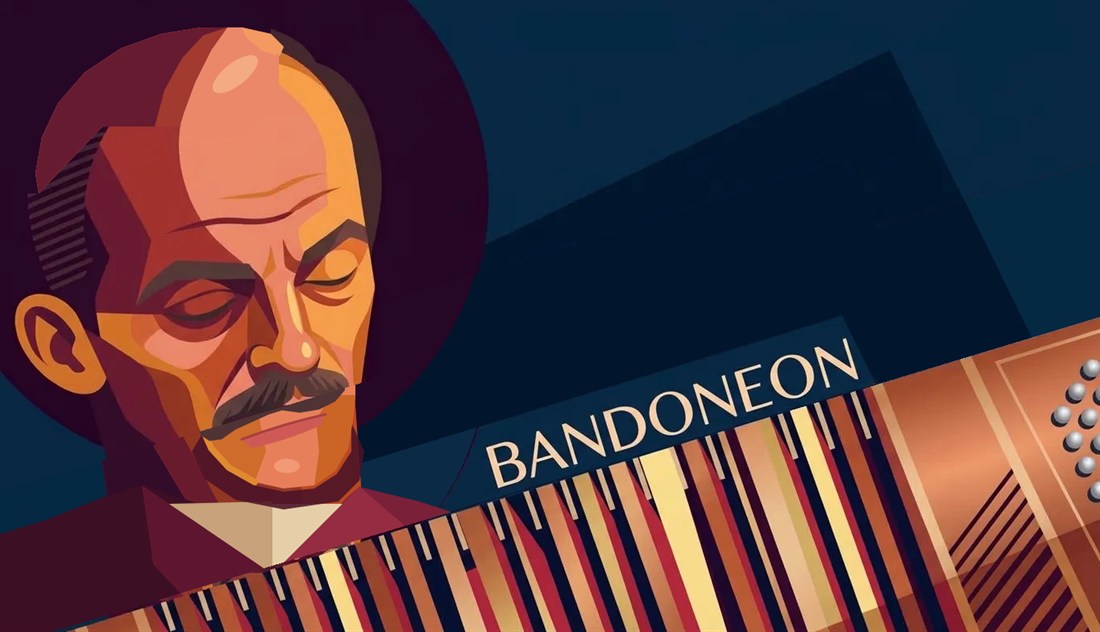 Astor Piazzolla al bandoneón, illustrazione